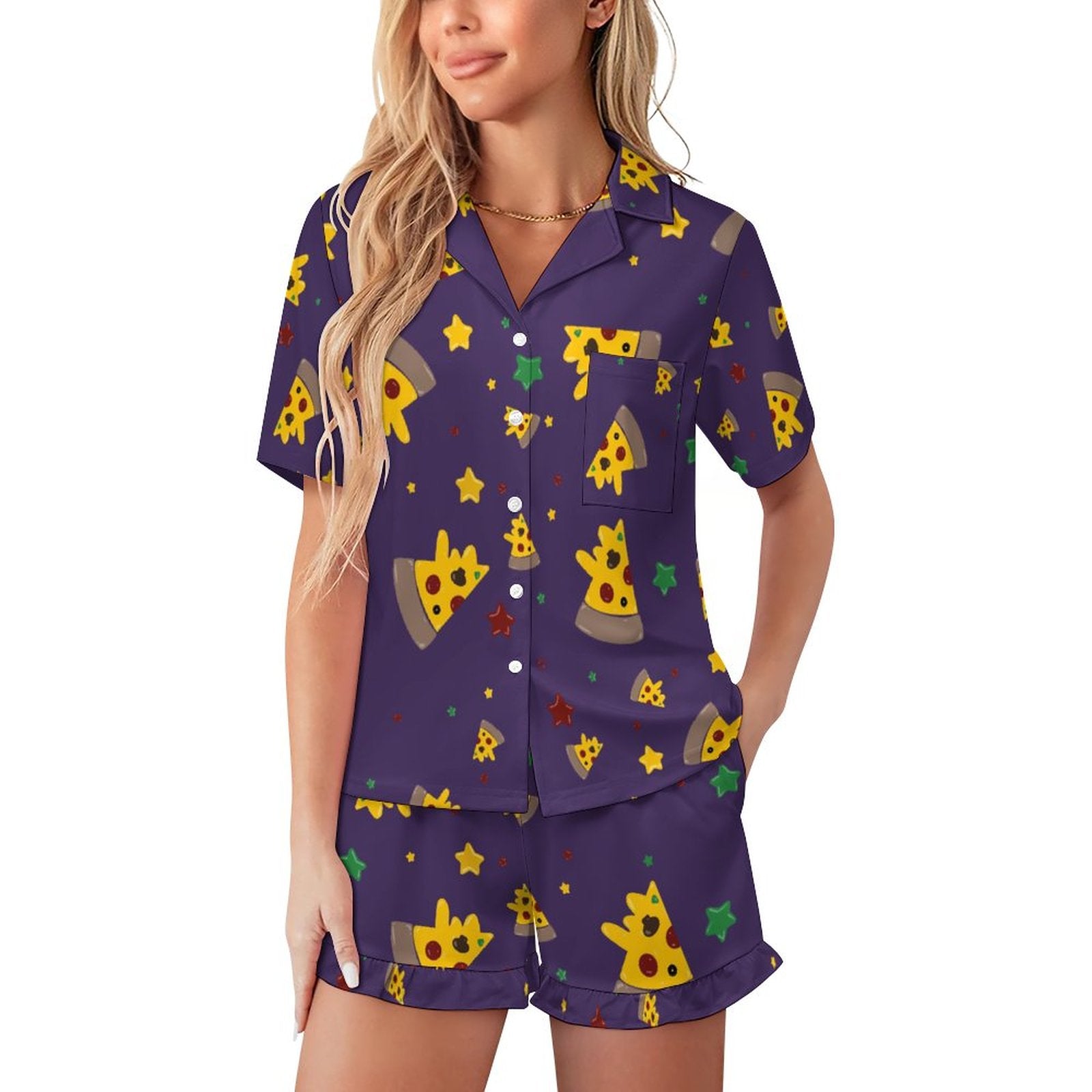 Pizzza Dreams - Women’s  Ruffled Short-Sleeve Pajama Set