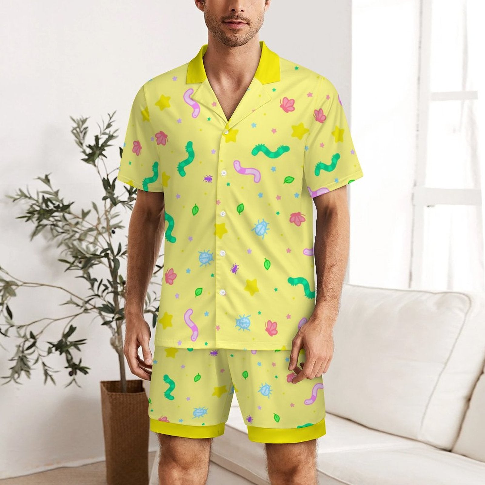 Wormy Wishezzz - Men's Ice Silk Short Sleeve Pajama Set